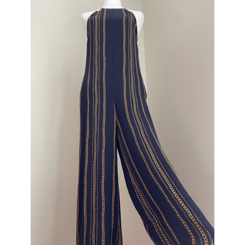NICHOLAS US 2 Samira 100%‎ Silk Wide Leg Jumpsuit Navy Blue Gold Chain Old Money - Picture 8 of 16